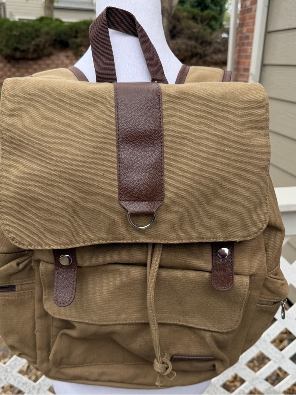 Bella Russo Canvas Backpack Unisex Drawstring Flap Zipper Pockets Faux Leather - Picture 7 of 11